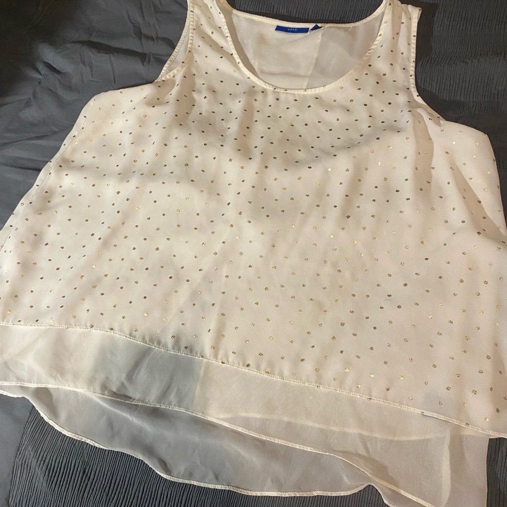 Apartment 9, Offwhite, double layer sheer top, with gold dots on the top layer.